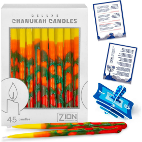 Deluxe Chanukah Candle set 45 Hand Made Thin Long Decorative Hanukkah Candles for Menorah - Blaze of Fire Includes Prayer Card and DIY Dreidel - Décor